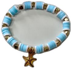 Colorful Beads Starfish Bracelet For Beach, Casual Gold Stretch Bracelet For Beach, Beachy Beaded Bracelet With Starfish Charm, Turquoise Bracelets With Starfish Charm For Beach, Beachy Beaded Strand Bracelets With Starfish Charm, Turquoise Starfish Charm Bracelets For Beach, Starfish Charm Beaded Bracelet For Beach Vacation, Starfish Beaded Bracelet For Beach Season, Gold Stretch Bracelet With Colorful Beads For Beach