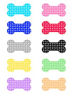 colorful polka dot dog bone stickers on white paper with black and white gingham dots