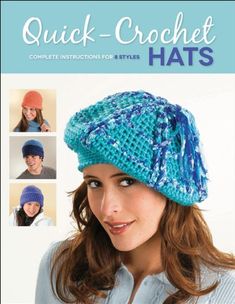 a woman wearing a knitted hat with multiple pictures of her face and the words quick crochet hats