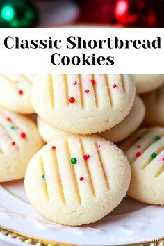 a plate full of shortbread cookies with the words classic shortbread cookies on top