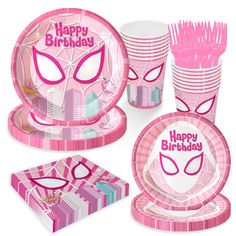 a birthday party set with pink decorations and masks on the plates, napkins and cups