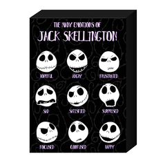 the many emotions of jack skellingington on a black box with white faces and words