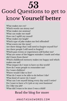 a pink background with the words 53 good questions to get to know yourself better