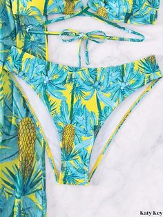 Katykey - Tropical Fruit Print 3-Piece Set: Stretchy Swimsuits, Criss Cross Tie Back Bandeau Bikini, and Stylish Cover Up Pants – Womens Swimwear & Clothing Tropical Style Printed Tie-side Bottoms, Multicolor Two-piece Beach Bottoms, High Waist Two-piece Beach Bottoms, Two-piece Beachwear Bottoms For Beach Season, Printed Tie-side Bottoms For Beach Party, Printed Beach Sets For Pool Season, Printed Sets For Pool And Beach Season, Summer Two-piece Bottoms For Beach Season, Printed Beach Season Pool Set