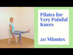 a woman sitting on a chair with her legs crossed and the words pilates for very painful knees