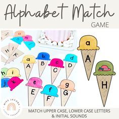 an alphabet match game with ice cream cones, letters and numbers to match the letter