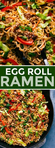 egg roll ramen in a skillet with chopsticks and vegetables on the side