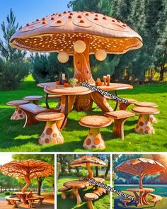 an outdoor table and bench made out of wood with mushrooms on it in the grass