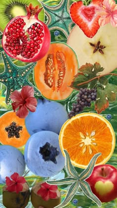 an image of fruit collage with leaves and flowers