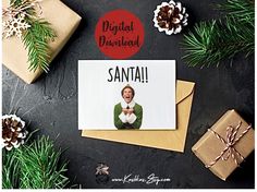 a christmas card with the words digital downloaded santa on it next to presents and pine cones