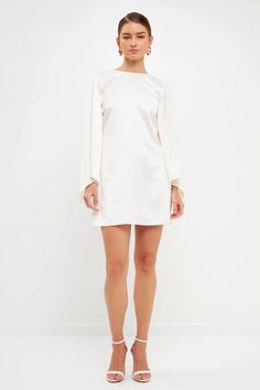 Bell-Sleeve Mini Dress – Endless Rose Chic Bell Sleeve Mini Dress For Brunch, Satin Mini Dress For Brunch, Sleek Silk Mini Dress For Spring, Chic White Mini Satin Dress, Chic White Satin Mini Dress, Sleek Satin Mini Dress For Spring, Sleek Silk Mini Dress, Elegant Bell Sleeve Mini Dress For Brunch, White Bell Sleeve Mini Dress For Party