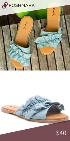 Denim Ruffle Slide Sandals Denim ruffle slide sandals. New in box Kala Vella Shoes Sandals Summer Ruffle Open Toe Sandals, Summer Ruffled Open Toe Sandals, Adjustable Light Blue Sandals For Spring, Denim Blue Sandals For Spring, Light Blue Sandals For Spring And Summer, Light Blue Sandals For Spring/summer, Denim Blue Flat Sandals For Spring, Flat Denim Blue Sandals For Spring, Spring Denim Blue Flat Sandals