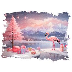 a pink flamingo standing in the snow next to presents