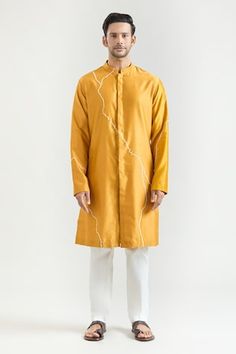 Mustard chanderi kurta with placed abstract pattern embroidery. Comes with contrasting pyjama. - Aza Fashions Designer Gota Work Kurta For Eid, Designer Cotton Kurta For Diwali, Designer Cotton Kurta For Eid, Kurta Set Men, Men Kurta, Kurta Set For Men, Yellow Abstract, Pattern Embroidery, Kurta Set