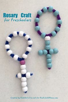 two bracelets made out of beads on a white surface with the words rosary craft for preschoolers