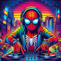 a spiderman dj playing music in front of a cityscape with neon lights