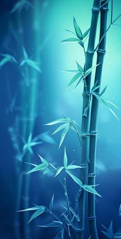 a bamboo tree with green leaves in the dark blue night sky, as if it were painting