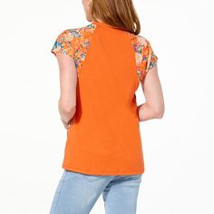 DG2 by Diane Gilman Printed Raglan Sleeve Top  Framed by fun, printed raglan sleeves and godet sides with crochet trim, this everyday jersey knit tee instantly updates your casual daytime (or anytime) look. Cotton Stretch T-shirt With Floral Print, Stretch Cotton T-shirt With Floral Print, Floral Print Stretch Cotton T-shirt, Fitted Raglan Sleeve Tops For Summer, Summer Stretch Raglan Sleeve Tops, Summer Raglan Sleeve Stretch T-shirt, Stretch Raglan Sleeve Summer T-shirt, Stretch Cotton Floral Print Tops, Stretch Cotton Tops With Floral Print