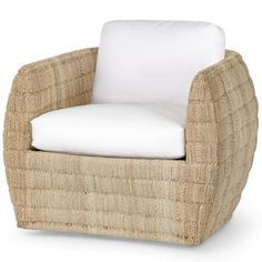 the chair is made out of wicker and has white cushions