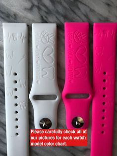 Looking for new cute watch bands that aren't going to break the bank?! Look no further! We specialize in cute watch bands that are affordable at the same time. We proudly print all of own items in Munroe Falls, Ohio. All of our items are made to order, with that being said we do not accept refunds or exchanges for that reason. Make sure you carefully select the correct watch band size. Please contact us if you are still unsure which size to order after reviewing our size guides.  Due to the nature of the material, these watch bands have a tendency to absorb coloring from new clothes or other material. Avoid coming into contact with these items while wearing the watch bands. We also recommend to avoid using harsh chemicals or alcohol containing chemicals as they can cause defects to the wat Pink Adjustable Silicone Watch Bands, Pink Silicone Adjustable Watch Bands, Engraved Watch, Cute Watches, Silicone Watch Band, Dental Hygienist, New Clothes, Watch Band, Arm Band