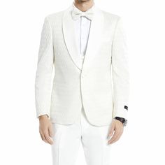 Elevate Your Style Game With The Tazio Round Honeycomb Texture 3-Piece Suit Set, A Perfect Blend Of Modern Sophistication And Classic Charm. With A Sleek Skinny Fit Jacket Featuring A Luxurious Satin Shawl Collar And Underarm Sweat Guards, Paired With Slim-Fit Pants Adorned In Solid Satin Color, And A Unique Double-Breasted Vest With A U-Neck Shawl Collar, This Ensemble Is A Showstopper. The Special Features, Including The Round Honeycomb Texture And An Included Bowtie, Set You Apart As A Trends Tailored White Long Sleeve Sets, White Three-piece Suit With Notch Lapel For Party, White Tuxedo Style Party Set, White Tuxedo Set For Party, White Tuxedo Party Set, Semi-formal White Long Sleeve Sets, White Semi-formal Long Sleeve Sets, White Semi-formal Sets With Long Sleeve, White Long Sleeve Semi-formal Sets