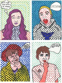 four different colored pictures of people with speech bubbles above their heads, and one woman has her mouth open