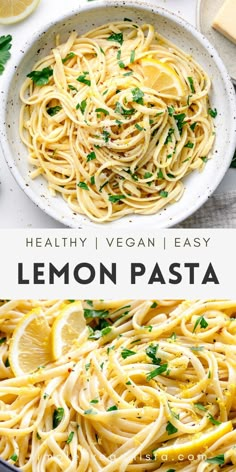 two white plates filled with spaghetti and herbs