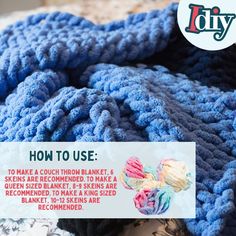 a blue crocheted blanket with the words how to use on it and an image of a woman's face