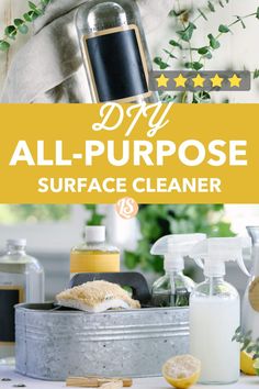 the all purpose surface cleaner is on top of a table with bottles and soaps