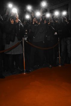 a person standing on a red carpet in front of a group of people with cameras