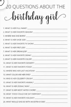 a birthday girl question card with the words, 20 questions about the birthday girl on it