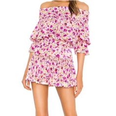 Revolve X Misa Los Angeles Darla Off Shoulder Dress In Fuchsia Floral Nwt Size S Small (Sold Out Online) 100% Viscose Dry Clean Only Fully Lined Off The Shoulder Styling With Smocked Neckline Elasticized Sleeve Openings Elasticized Waist Neckline To Hem Measures Approx 30" In Length Made In Usa Revolve Style No. Misa-Wd265 Manufacturer Style No. Isdr6799 F Flowy Mini Dress For Brunch, Flowy Mini Length Dress For Brunch, Chic Floral Print Mini Dress, Summer Floral Print Mini Dress, Pink Skirted Dress With Ruffle Hem, Ruffle Hem Dress For Brunch, Skirted Dress With Ruffle Hem For Brunch, Feminine Skirted Dresses For Spring, Spring Skirted Dresses For Day Out