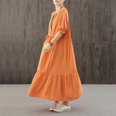 DIY orange dresses v neck wrinkled robes Dresses - Omychic Dresses Materials, Orange Dresses, Dresses V Neck, Neck Wrinkles, Orange Dress, Yellow Dress, Dress Materials, One Size Fits All, Summer Dress