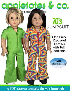 two dolls are wearing colorful jumpsuits and green ones