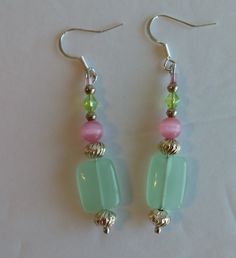 Pastel Drop Earrings Jewelry As Gift, Pastel Dangle Jewelry For Gifts, Handmade Pastel Dangle Earrings, Green Rectangular Earrings, Handmade Pink Square Jewelry, Handmade Square Pink Jewelry, Square Green Handmade Earrings, Handmade Green Square Earrings, Handmade Square Green Earrings