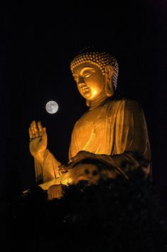 the buddha statue is lit up at night with the moon in the sky behind it