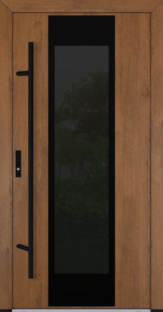 a wooden door with black glass and metal handles