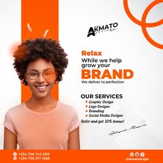 a woman with glasses is smiling and advertising her company's new brand, akmato