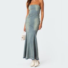 Edikted Women's Astoria Slitted Denim Maxi Dress In Blue Washed Size Sz L Bnwt Medium Wash Denim Maxi Dress, Trendy Fitted Denim Dress With Frayed Hem, Fitted Denim Dress With Frayed Hem, Blue Spring Dress With Split Hem, Maxi Dress Strapless, Flannel Sweatshirt, Denim Maxi Dress, Denim Maxi, Swimwear Dress