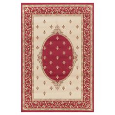 a red and white rug with an oval design on the center, surrounded by ornate scrolls