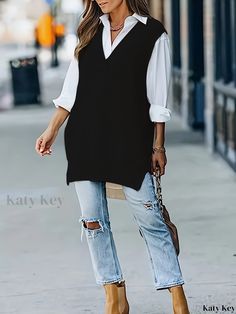 Katykey - Womens Casual Sleeveless Sweater Vest with Solid V Neck, Perfect for Fall & Winter Fashion Outfits With Black Sweater Vest, Long Sweater Vest Outfits For Women, Vest And Jeans Outfits For Women, Long Sweater Vest Outfit, Winter Vest Outfits For Women, Vest Outfits For Women Fall, Sweater Vest Outfits For Women, Sweater Vest Outfit Fall, Women Vest Outfits