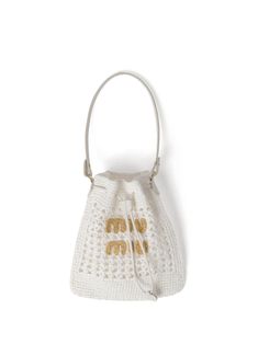 white woven raffia design embroidered logo to the front single detachable top handle top drawstring fastening main compartment internal logo patch unlined Chic Top Handle Bags With Embroidered Logo, Summer Beige Bag With Embroidered Logo, Beige Embroidered Logo Bag For Summer, White Crochet Travel Bag With Top Handle, Designer White Pouch Bucket Bag, Designer White Bucket Bag For Travel, Luxury White Bucket Bag With Double Handle, Designer White Bag With Embroidered Logo, Luxury White Pouch-style Bucket Bag