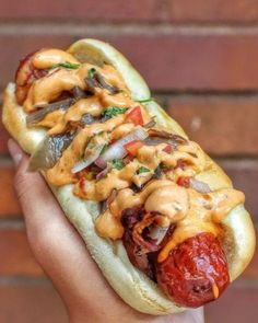 a person holding a hot dog with toppings on it in front of a brick wall