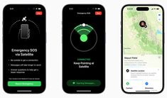 three iphones with emergency sos and wi satellite app on the screens, all showing location information