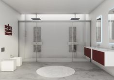 a white bathroom with red accents and mirrors