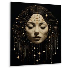 a woman's face with stars on it and her eyes closed, in gold foil