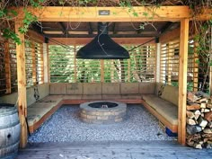 an outdoor fire pit surrounded by wood and plants