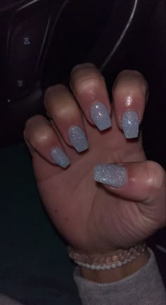 Solid Glitter Acrylic Nails, Nails To Go With Black Hoco Dress, Hoco Nail Ideas Sparkly, Blue Sparkle Tip Nails, Sparkle Light Blue Nails, Acrylic Nail Designs Silver Glitter, Easy Homecoming Nails, Silver Nails Sns, Homecoming Nails Blue Dress