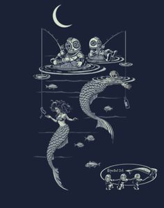 two mermaids are fishing in the ocean at night, while one is sitting on a boat