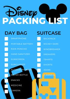 the packing list for disney's day bag and suitcases is shown in this poster